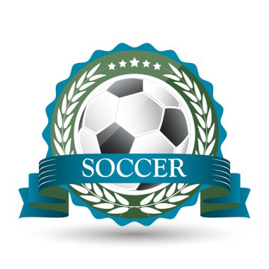 Futbol amblemi ile şerit, top ve defne çelengi.