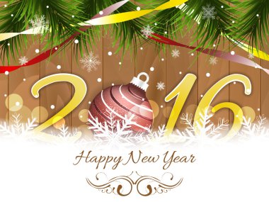 Mutlu yeni yıl 2016 önemsiz şey, kurdeleler, kar taneleri ve iğne çam-ahşap doku ile dilek.