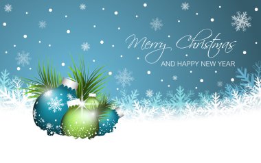 Noel vektör tebrik kartı. Noel baubles, çam iğneleri ve kar taneleri.
