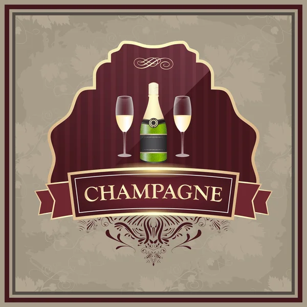 Champagne label with bottle and glasses on vintage paper. — Stock Vector