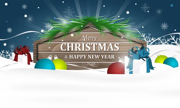 Życzenia Boże Narodzenie i nowy rok. Zimowy pejzaż z cacko, pudełka, taśmy i Choina. — Wektor stockowy