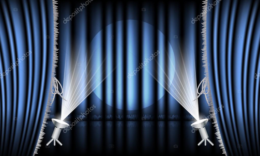 Theater podium met rood gordijn, zilveren zoom en schijnwerpers ... Theater podium met rood gordijn, zilveren zoom en schijnwerpers ...