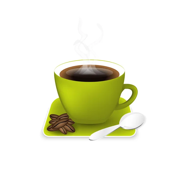 Taza de café con granos de café y cuchara . — Vector de stock