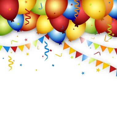 Bayraklar, konfeti ve kurdeleler ile balon kutlama arka plan.