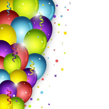 Beyaz arka plan ve konfeti doğum günü balonları. Senin parti poster için vektör çizim.