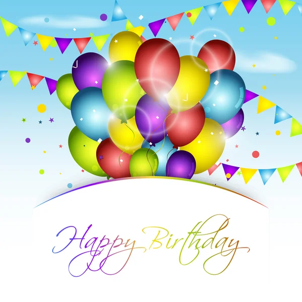 Gelukkige verjaardag wenskaart met kleurrijke ballonnen, confetti en vlaggen. Vectorillustratie. — Stockvector