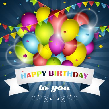 Mutlu doğum günü tebrik kartı. Parti balonları, şerit ve renkli bayraklar.