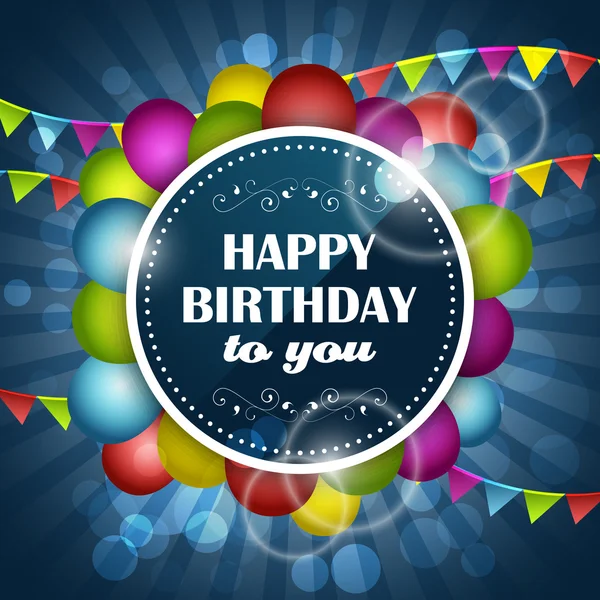 Glückwunschkarte zum Geburtstag mit bunten Luftballons und Fahnen auf blauem Hintergrund. — Stockvektor