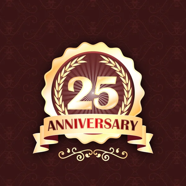 25th gold anniversary label with ribbon and laurel wreath. — Stock Vector