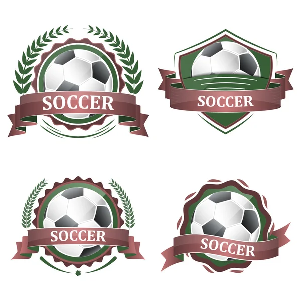Set of soccer sport vector icons with ribbons, laurel wreath and ball. — Stock Vector