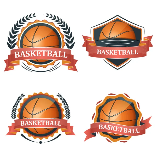 Conjunto de iconos de baloncesto deporte vector con cintas, corona de laurel y bola . — Vector de stock