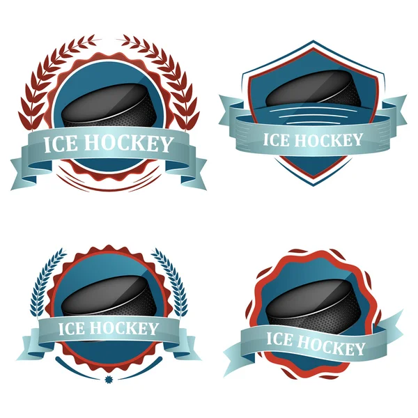 Sada ice hockey sport vektorových ikon s pásky, vavřínu věnce a hokejový puk. — Stockový vektor