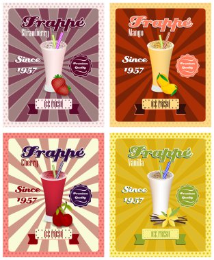 Kalk ve vintage tarzı cam frappe poster vektör çizimler, içme kümesi.