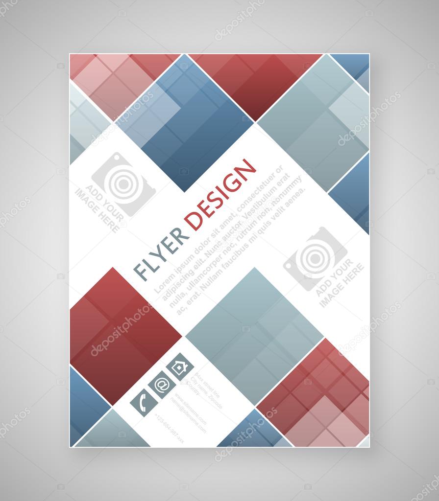Geometric flyer template design with blue and red square elements. Cover layout, brochure or corporate banner.