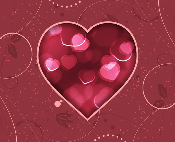 Tarjeta de felicitación del día de San Valentín con corazones rojos borrosos y patrón floral . — Vector de stock