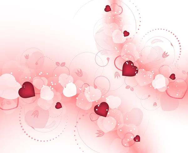 Día de San Valentín vector fondo con borrosa corazones rojos y espiral patrón floral . — Vector de stock