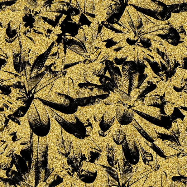 Altın parıltısı ve siyah tropikal desenler
