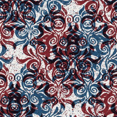 Kırmızı mavi beyaz renkte kusursuz damaske deseni