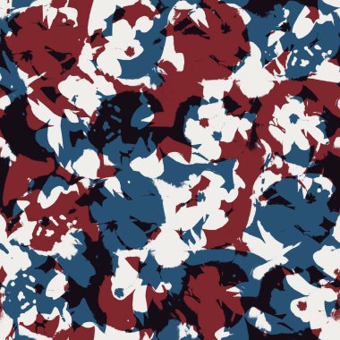 Kırmızı mavi beyaz desenli kusursuz çiçek deseni.