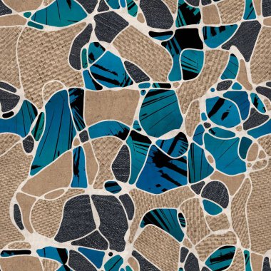 Çuval bezi, karton ve kot kolajı.