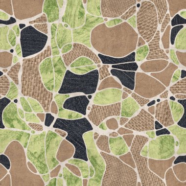 Çuval bezi, karton ve kot kolajı.