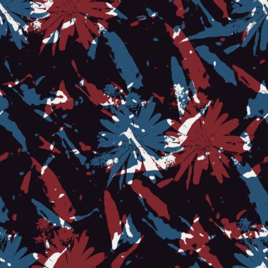 Kırmızı mavi beyaz desenli kusursuz çiçek deseni.