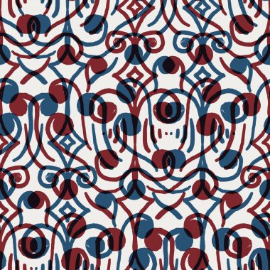 Kırmızı mavi beyaz renkte kusursuz damaske deseni