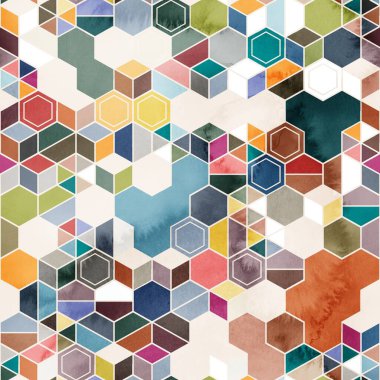 Suluboya renginde rastgele renklerde altıgenlerin kusursuz deseni