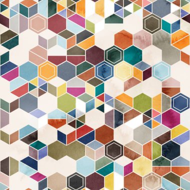 Suluboya renginde rastgele renklerde altıgenlerin kusursuz deseni