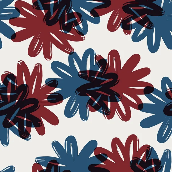 Naadloos bloemenpatroon in rood blauw zwart wit — Stockfoto
