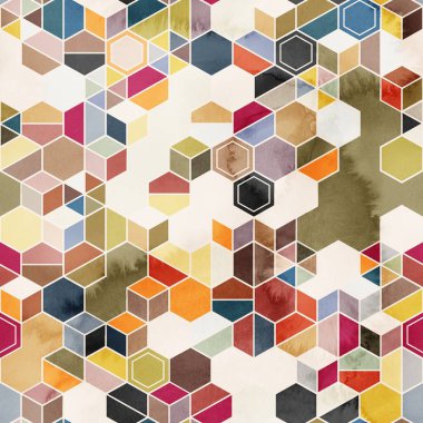 Suluboya renginde rastgele renklerde altıgenlerin kusursuz deseni