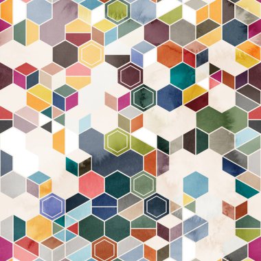 Suluboya renginde rastgele renklerde altıgenlerin kusursuz deseni