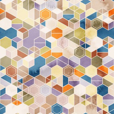 Suluboya renginde rastgele renklerde altıgenlerin kusursuz deseni