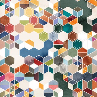 Suluboya renginde rastgele renklerde altıgenlerin kusursuz deseni