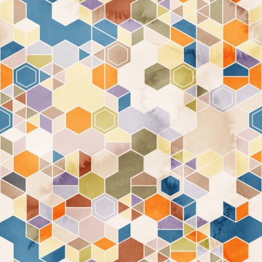 Suluboya renginde rastgele renklerde altıgenlerin kusursuz deseni