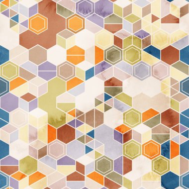 Suluboya renginde rastgele renklerde altıgenlerin kusursuz deseni