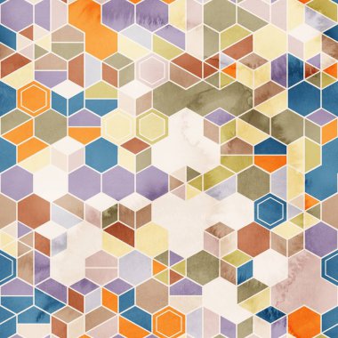 Suluboya renginde rastgele renklerde altıgenlerin kusursuz deseni