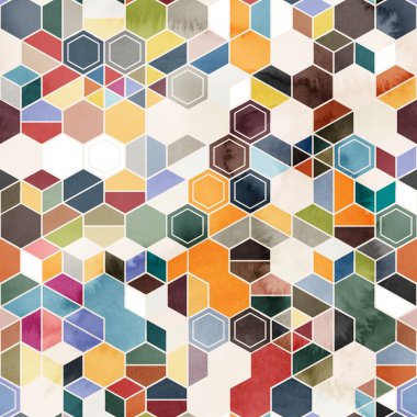 Suluboya renginde rastgele renklerde altıgenlerin kusursuz deseni