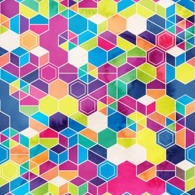 Suluboya renginde rastgele renklerde altıgenlerin kusursuz deseni