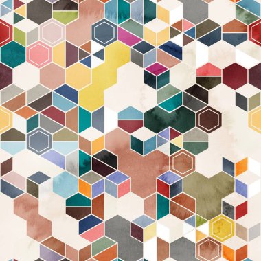 Suluboya renginde rastgele renklerde altıgenlerin kusursuz deseni