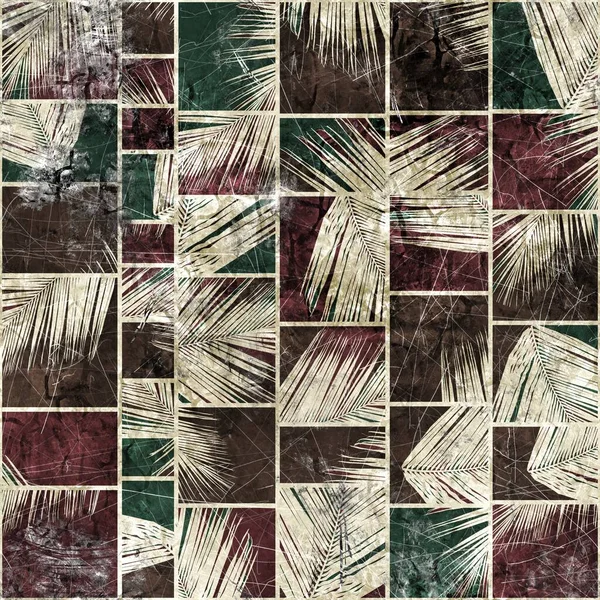 Seamless descolorido mosaico grungy de hojas de palma en rectángulos —  Fotos de Stock