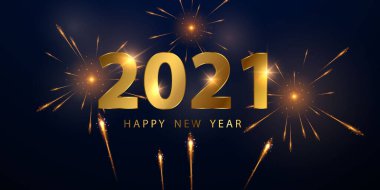 2021 Mutlu Yıllar Altın Arkaplan Tasarımı Havai fişek ve Noel temalı kutlama partisi afişi ve kartları.