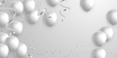 Gri balon arkaplanlı kutlama partisi afişi. Satış Vektörü illüstrasyonu. Büyük Açılış Kartı. Lüks içinde karşılama..