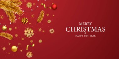 Mutlu Noeller ve mutlu yıllar. Kurdelelerle kutlama arka planı şablonu. Lüks tebrik kartı.