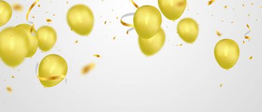 Altın balonların arka planında kutlama partisi afişi. Satış Vektörü illüstrasyonu. Büyük Açılış Kartı. Lüks içinde karşılama..