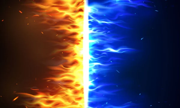Feuerflammen Gegen Zeichen Explodieren Durch Elemente Wasserspritzer Und Blitz Glühend — Stockvektor