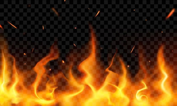 Llamas Fuego Realistas Chispas Rojas Ardientes — Vector de stock