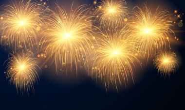 Havai fişek ve Noel temalı kutlama partisi 2021 Mutlu Yıllar Altın arka plan tasarımı.