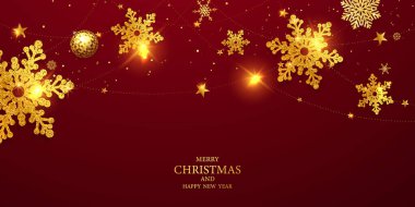 Mutlu Noeller ve mutlu yıllar. Kurdelelerle kutlama arka planı şablonu. Lüks tebrik kartı.