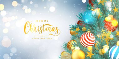 Mutlu Noeller ve mutlu yıllar. Ağaç ile kutlama arkaplan şablonu. Lüks tebrik kartı.